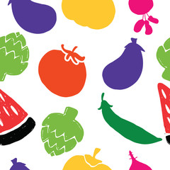 Vegetable seamless pattern. Illustration of eggplant, watermelon, pumpkin, beet, tomato, articvoke. Vector
