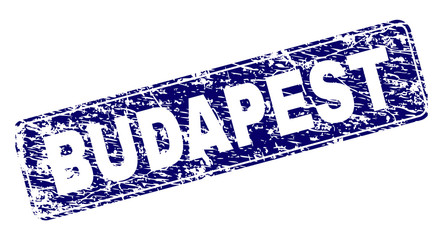 BUDAPEST stamp seal print with distress texture. Seal shape is a rounded rectangle with frame. Blue vector rubber print of BUDAPEST title with scratched texture.