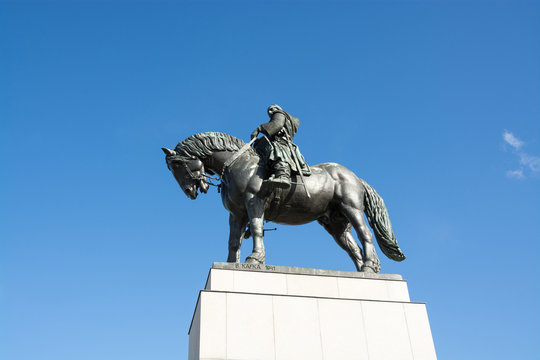 Monument to Jan Zizkov in Prague, Czech Republic, on a clear summer day, depicting a statue of a strong medieval warrior on a horse 