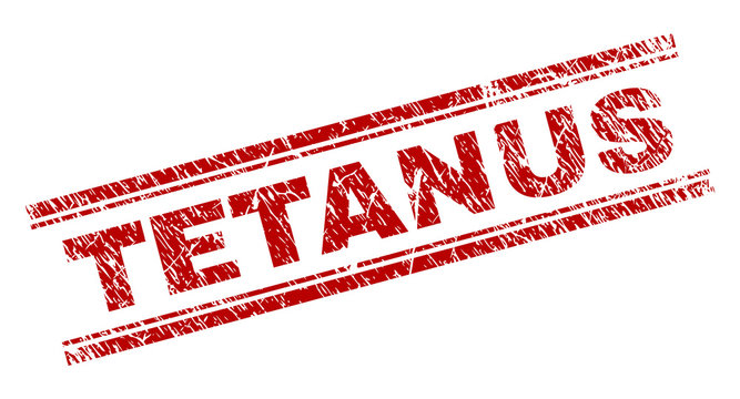 TETANUS seal stamp with grunge texture. Red vector rubber print of TETANUS tag with retro texture. Text tag is placed between double parallel lines.