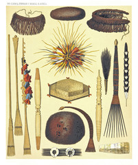 Ancient collection of african tribal ethnic objects from the West and North coast of Dutch New Guinea, isolated elements. By F.S.A. De Clercq and J.D.E. Schmeltz Leiden 1893 New Guinea - obrazy, fototapety, plakaty