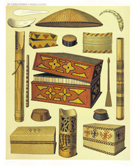 Ancient detailed ethnic collection of african objects and boxes, coast of Dutch New Guinea, isolated elements. By F.S.A. De Clercq and J.D.E. Schmeltz Leiden 1893 New Guinea