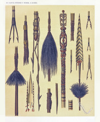 Ancient detailed ethnic collection of african harpoons and spears for fishing, coast of Dutch New Guinea, isolated elements. By F.S.A. De Clercq and J.D.E. Schmeltz Leiden 1893 New Guinea