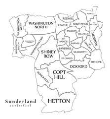 Modern City Map - Sunderland city of England with wards and titles UK outline map