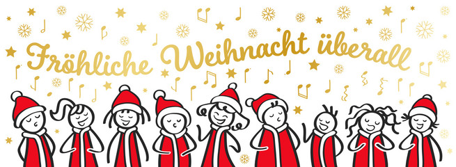 Weihnachtschor, Sternsinger, Chor, Banner, lustige Strichfiguren singen Weihnachtslied Fröhliche Weihnacht überall