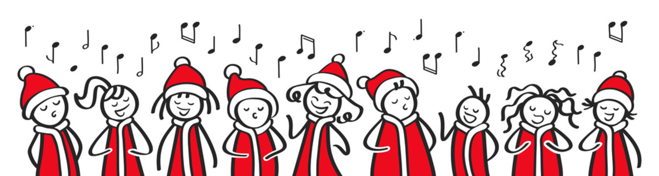 Weihnachtschor, Sternsinger, Chor, weihnachtliche Gesangsgruppe, Banner, lustige Strichfiguren singen Weihnachtslieder