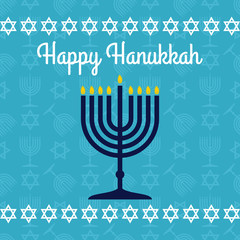 Happy Hanukkah poster or greeting card with menorah. Vector illustration.