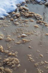 Frozen puddle on the road in winter