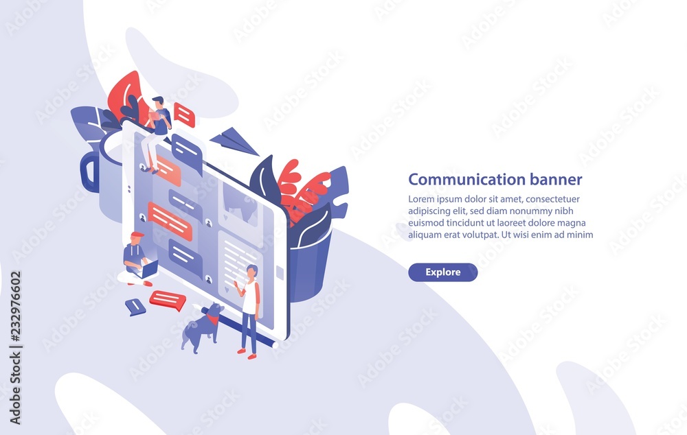 Poster web banner template with giant smartphone, tiny people around it and place for text. communication, 