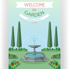Welcome to city garden poster template with idyllic landscape of spring time park versailles style.