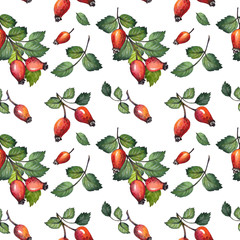 Seamless pattern with red rosehips berries and green leaves. Watercolor illustration on white background.