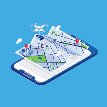 Drone carrying parcel and flying above paper city map and giant mobile phone