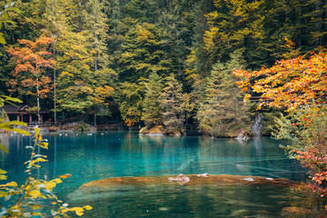 Autumn time at romantic forest lake Blausee, Switzerland.