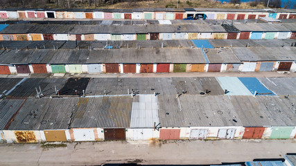 Aerial view of a large number of parking garages