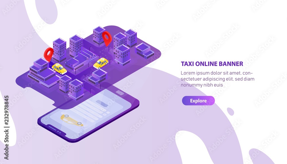 Poster creative web banner template with mobile phone projecting city map with taxi cabs locator. colorful 