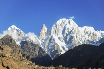 Lady finger and Hunza peak mountains with snow capped. Karakoram range. Hunza valley, Gilgit Baltistan, Pakistan.