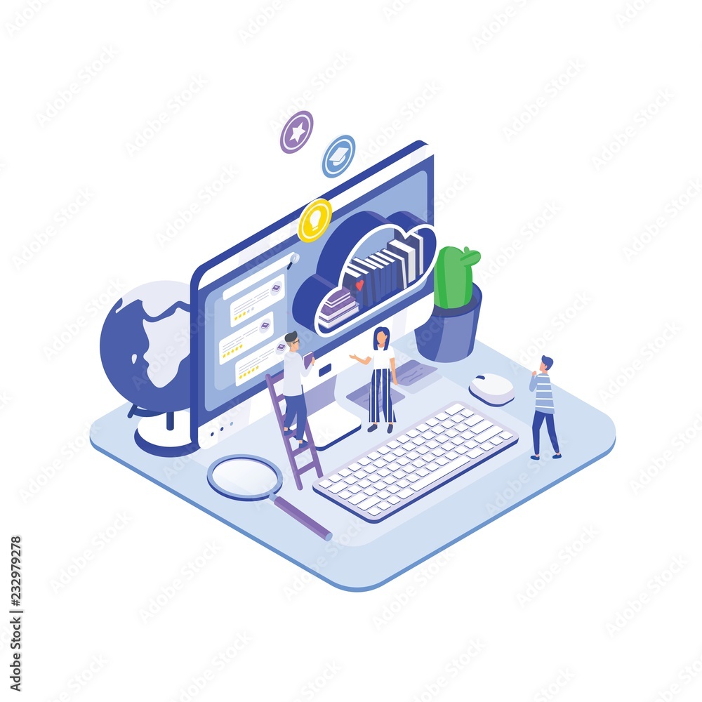 Aufkleber Group of tiny people or students standing in front of giant computer monitor and shelf of books. Virtual, digital or internet library or online reading service. Modern isometric vector illustration.
