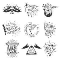 Set of adventure and outdoors flag emblems. Retro monochrome labels with light rays. Hand drawn wanderlust style. Pennant travel flags design. Logo templates - obrazy, fototapety, plakaty