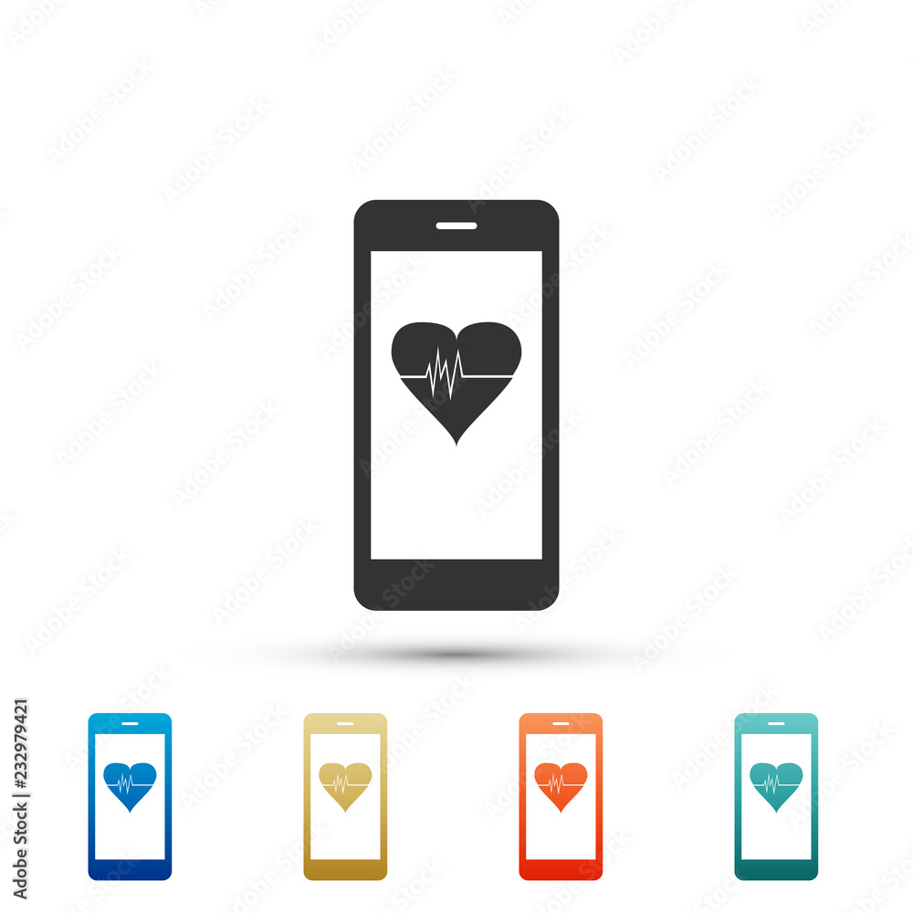 Poster smartphone with heart rate monitor function icon isolated on white background. set elements in color