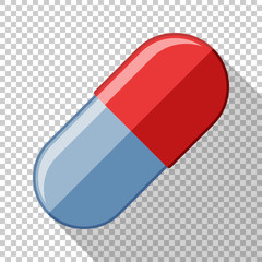 Capsule pill icon in flat style with long shadow on transparent background