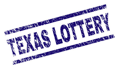 TEXAS LOTTERY seal watermark with distress style. Blue vector rubber print of TEXAS LOTTERY title with scratched texture. Text title is placed between parallel lines.