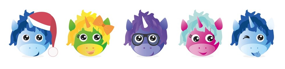 A set of graphic emoticons - unicorn. Emoji collection. Smile icons. Vector illustration on white background.