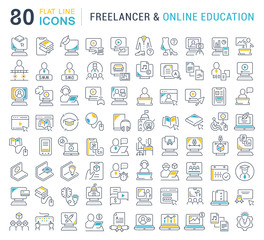 Set Vector Line Icons of Freelancer and Online Education.