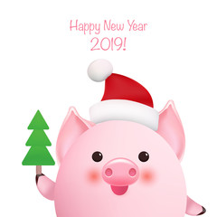 Cute little pig, wearing red Santa hat and holding Christmas tree in his hand. Chinese New Year mascot of the pig. Greeting card. Vector illustration.