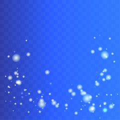 Snow and snowflakes, bright white, snow from small to large, round, on a transparent blue background.