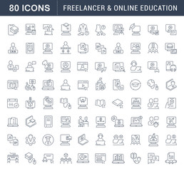 Set Vector Line Icons of Freelancer and Online Education.