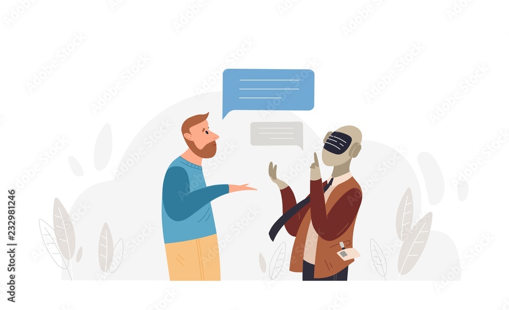 Poster Bearded man speaking to robot isolated on white background. Conversation between guy and android. Concept of chatbot, talkbot, smartbot or interactive bot. Flat cartoon colorful vector illustration.
