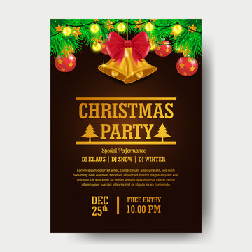Christmas party poster invitation with illustration of garland decoration with gold bell. vector illustration.