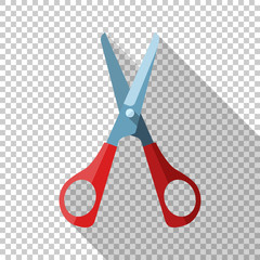 Open scissors icon with red handle in flat style with long shadow on transparent background