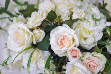 Wedding bouquet of white roses in a vase. Wedding decorations. White Rose.