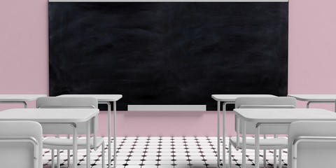 Blackboard, classroom with desks, pink wall background, 3d illustration.