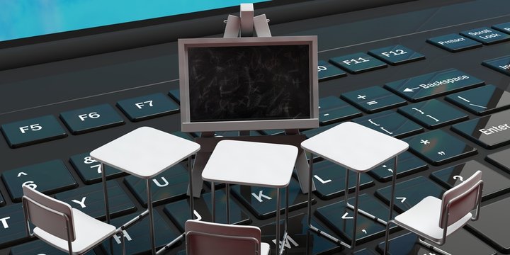 School desks and a blackboard on a black laptop computer keyboard, 3d illustration.