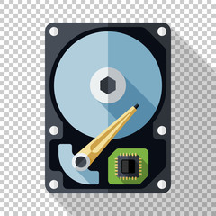 Hard disk drive or HDD icon in flat style with long shadow on transparent background