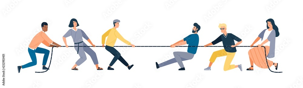 Poster two groups of people pulling opposite ends of rope isolated on white background. tug of war contest 