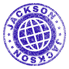 JACKSON stamp print with grunge effect. Blue vector rubber seal print of JACKSON label with grunge texture. Seal has words arranged by circle and globe symbol.