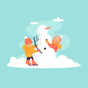 Children Make A Snowman, Winter. Flat Design Vector Illustration.