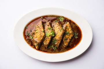 Patodi Rassa Bhaji or patwadi Sabji, a popular Maharashtrian spicy recipe served with Chapati and salad. Selective focus