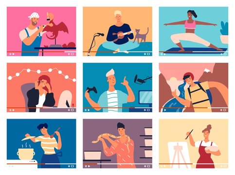 Collection of young men and women demonstrating their skills or teaching through internet. Bundle of video guides, DIY tutorials or webinars. Colorful vector illustration in flat cartoon style.