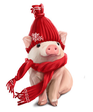 A little Piggy in a red hat and a scarf. Watercolor painting