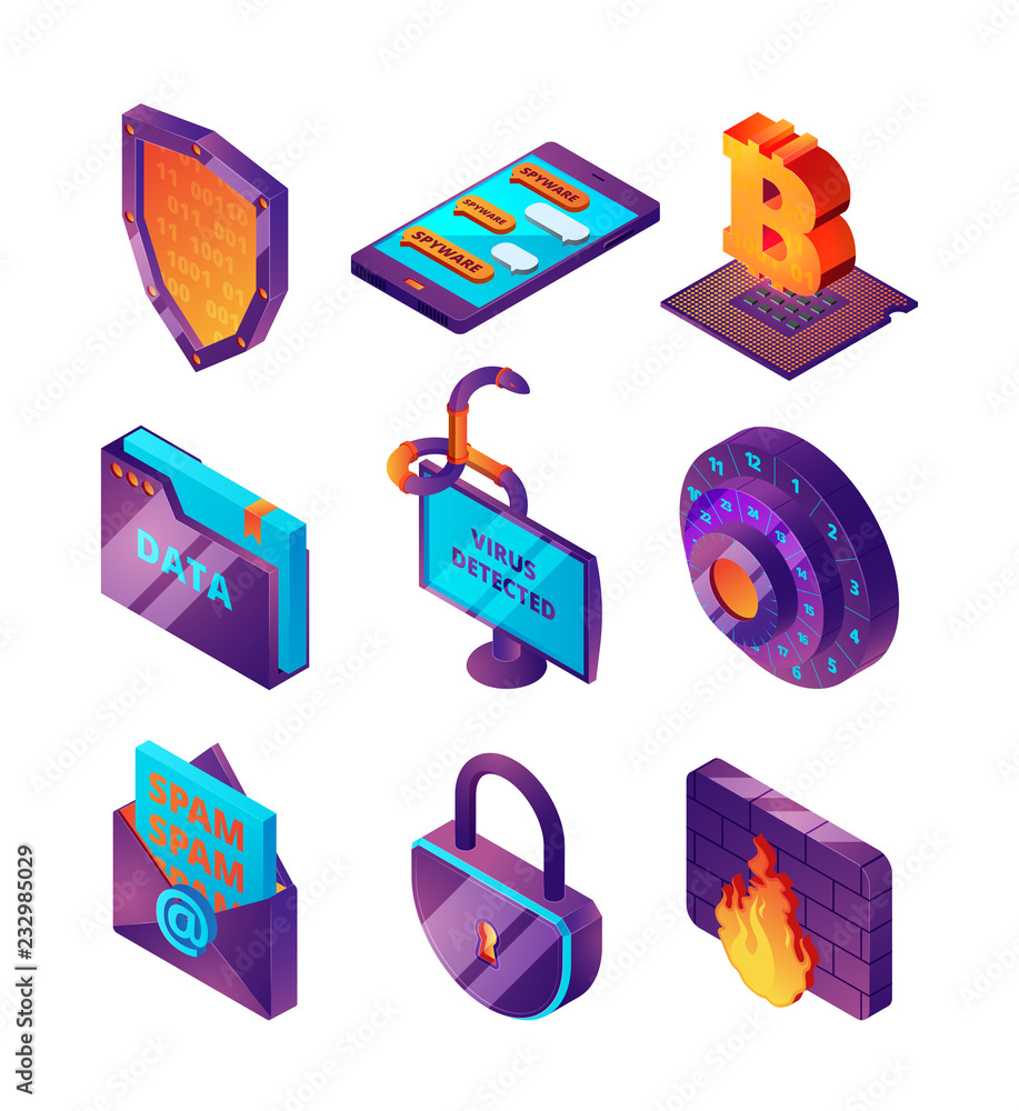 Poster network protection 3d. computer hacker web online lock fishing pages and viruses safety vector isome