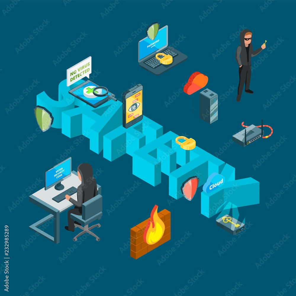 Poster vector isometric data and computer safety icons infographic concept illustration. safety isometric, 