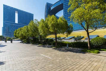 Panoramic skyline and buildings with empty concrete square floor，hangzhou,china