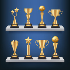 Awards shelves. Trophies medals and cups on bookshelf vector realistic concept of sport competition winners. Trophy cup for winner, success prize illustration