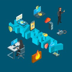 Vector isometric data and computer safety icons infographic concept illustration. Safety isometric, laptop security network, connection computing privacy