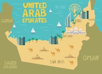 Illustration map of United Arab Emirates with nature, animals and landmarks. Editable Vector illustration