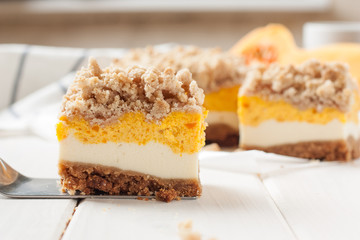 A slice of pumpkin pie on a white background 